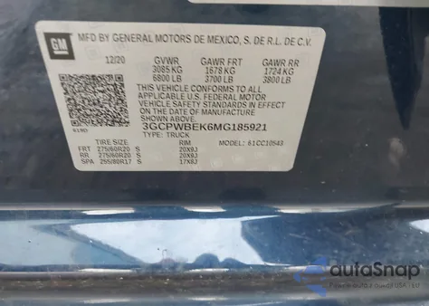 2021 Chevrolet Silverado 1500 2Wd Short Bed Custom z USA, uszkodzony, nr VIN 3GCPWBEK6MG185921